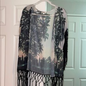 Cute palm tree black tasseled kimono